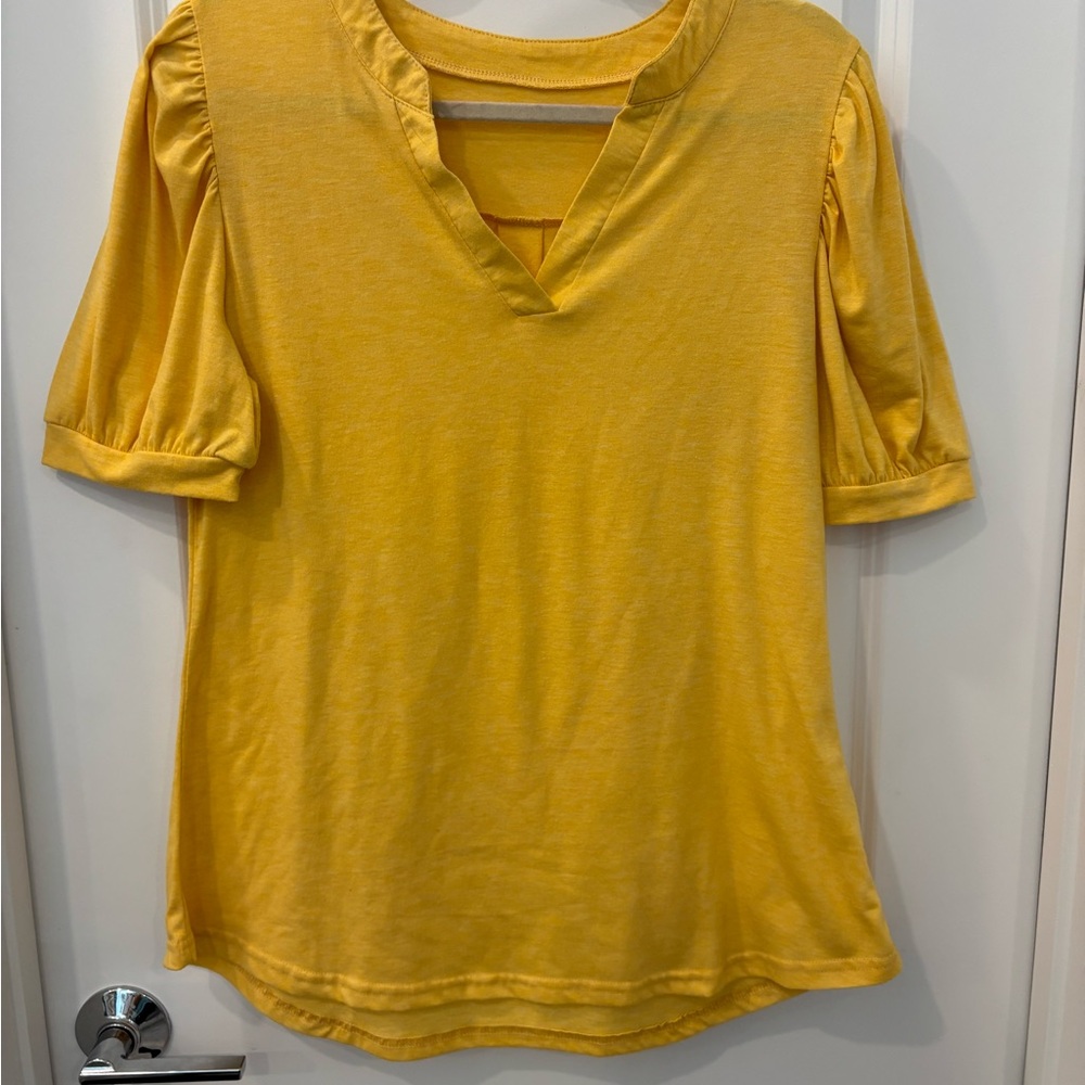 Yellow Puff Sleeve Polo Blouse with 3/4 Sleeves